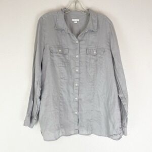 J. Jill Love Linen Button Up Shirt Womens Large Gray 100% Linen Long Sleeve Top